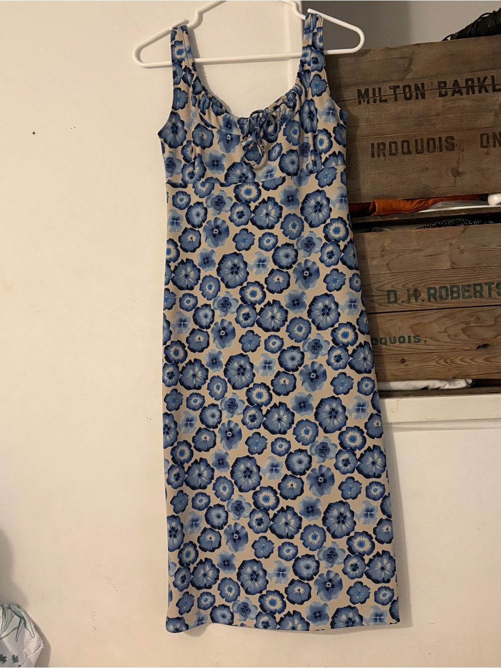 Vintage Nicole Miller 90s Blue Floral Sleeveless Bow Midi Dress Size Small